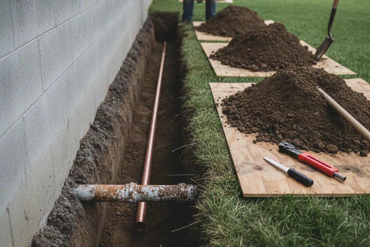 Excavated water line trench during Sewer Line Repair in North Wales